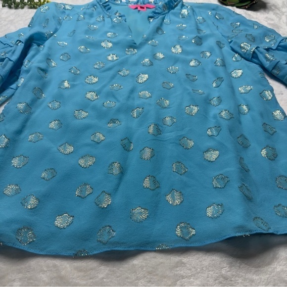 Lilly Pulitzer Giana Silk Long Sleeve Top in Bermuda Blue Seagrass and Gold XS - Picture 10 of 15